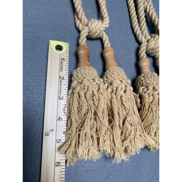 Vintage Beige Tassel Curtain Tiebacks with Wooden Accents Set of 2 - Picture 5 of 13